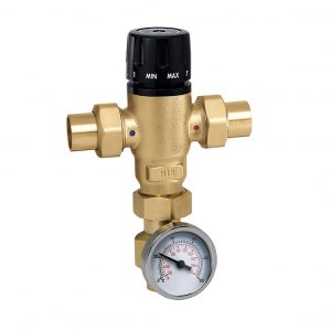 1" Sweat Thermo Mixing Valve W/Check Valves Low Lead Brass W/Adapter And Temp Ga