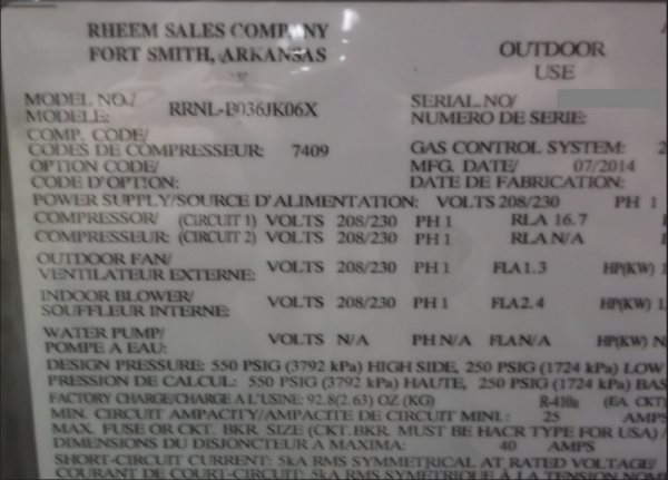 Rheem RRNL-B036JK06X 3-Ton GasPak 60k BTU 230v R410a 13 SEER