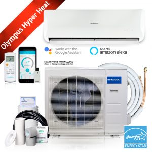 Mr Cool O-HH-09-HP-230E Olympus Hyper Heat 9K BTU Heat Pump Condenser & Wall Mount Air Handler 230 volt 25 SEER WiFi 16 Foot Installation Kit
