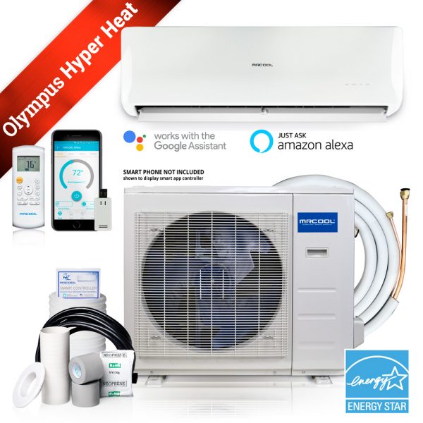 Mr Cool O-HH-09-HP-230E Olympus Hyper Heat 9K BTU Heat Pump Condenser & Wall Mount Air Handler 230 volt 25 SEER WiFi 16 Foot Installation Kit